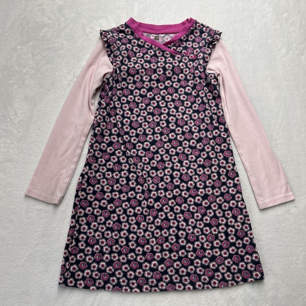 Tea Collection Long Sleeve Faux Wrap Dress Girls 7 Cherry Blossom‎ Floral Cotton